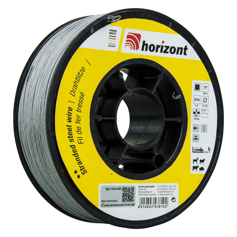 horizont Weidezaundraht mit Spule, Drahtlitze, 400 m lang, 1,5 mm breit, 200 kg Bruchlast, besonders