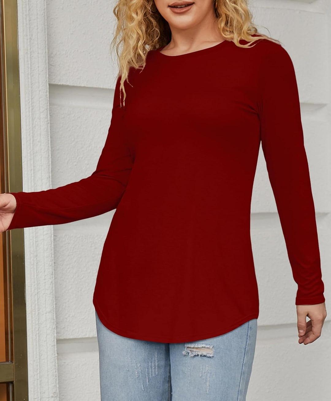 Beluring T-Shirt Damen Lässig Kurzarm/Langarm Oberteile Rundhals Longshirt L Weinrot, L Weinrot