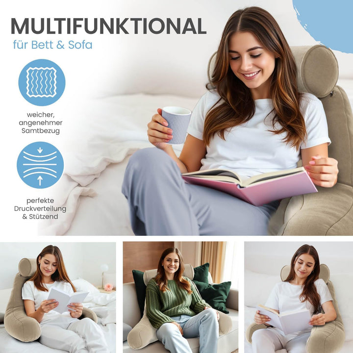 ELONEO Rückenkissen, Lesekissen für Bett und Sofa mit Armlehnen und Abnehmbarer Nackenrolle – Ideal