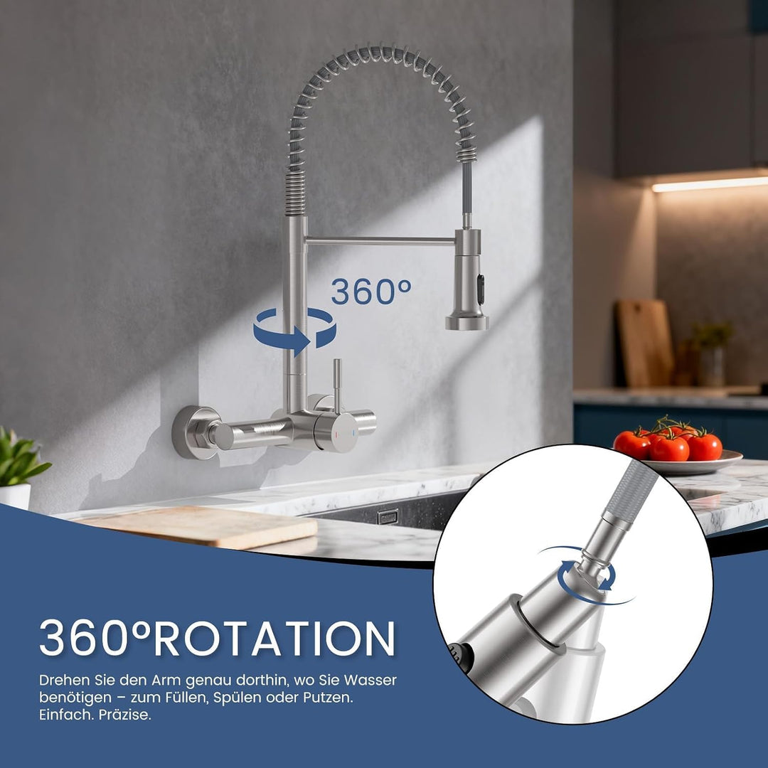 wasserhahn küche wandmontage mit ausziehbarem Sprühkopf, Hoch Gebogen Wandarmatur mit 2 Strahlarten