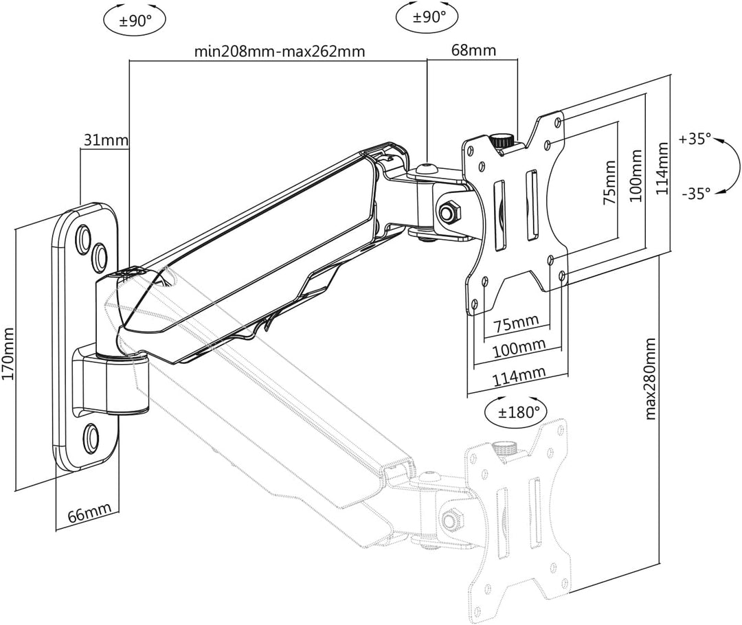 DIGITUS Monitor-Wandhalterung mit Gasdruckfeder - für 17-32 Zoll Bildschirme - 8 kg max Belastung -