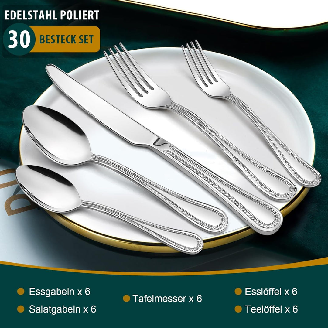 Homikit Besteck Set, 30 teilig Besteckset Essbesteck für 6 Personen, Edelstahl poliert Besteck mit M