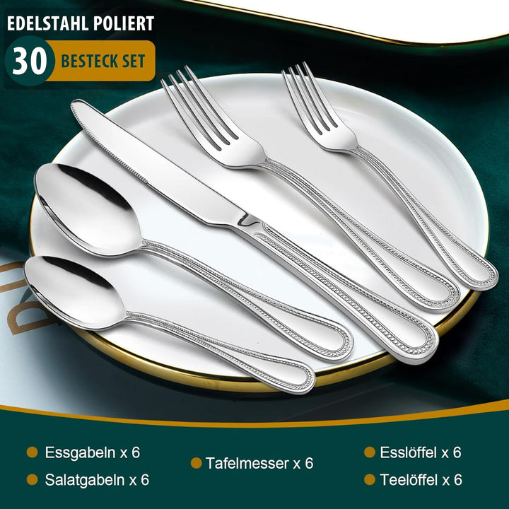 Homikit Besteck Set, 30 teilig Besteckset Essbesteck für 6 Personen, Edelstahl poliert Besteck mit M