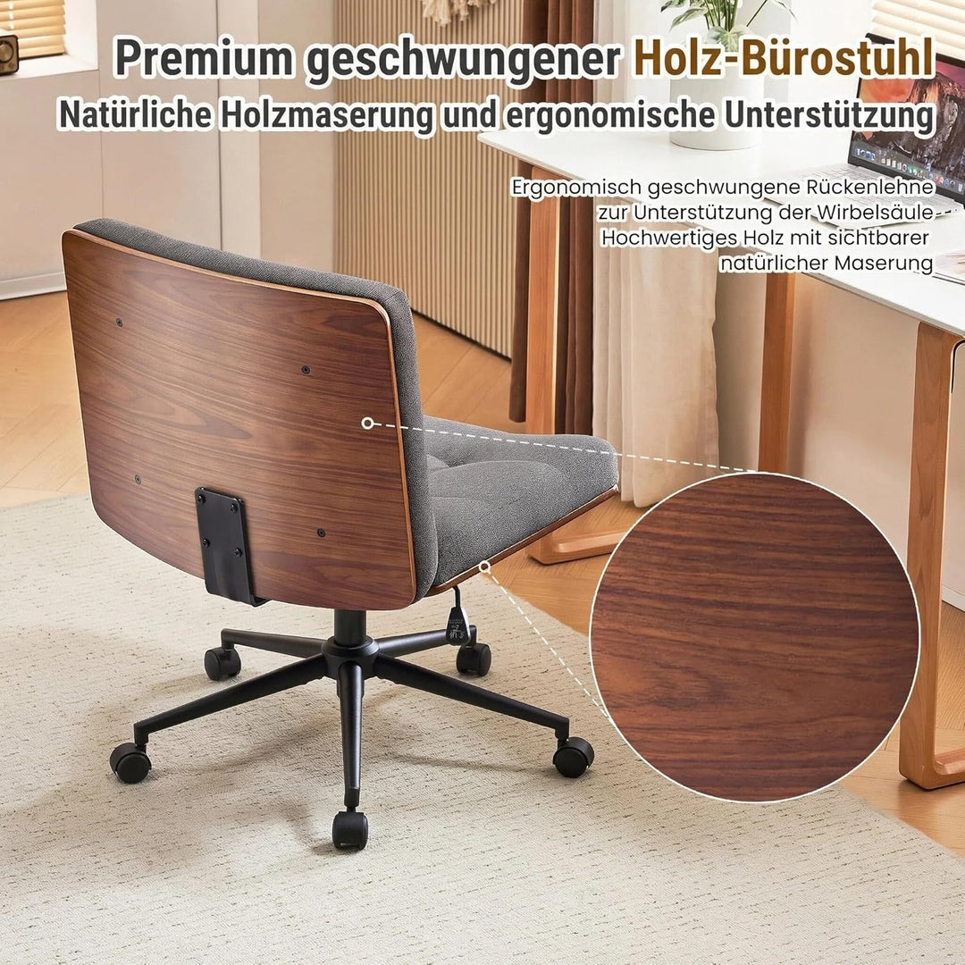 Bürostuhl Braun mit Stabiler Holzstützung, Schreibtischstuhl ohne Armlehne, Drehstuhl Büro mit Rolle