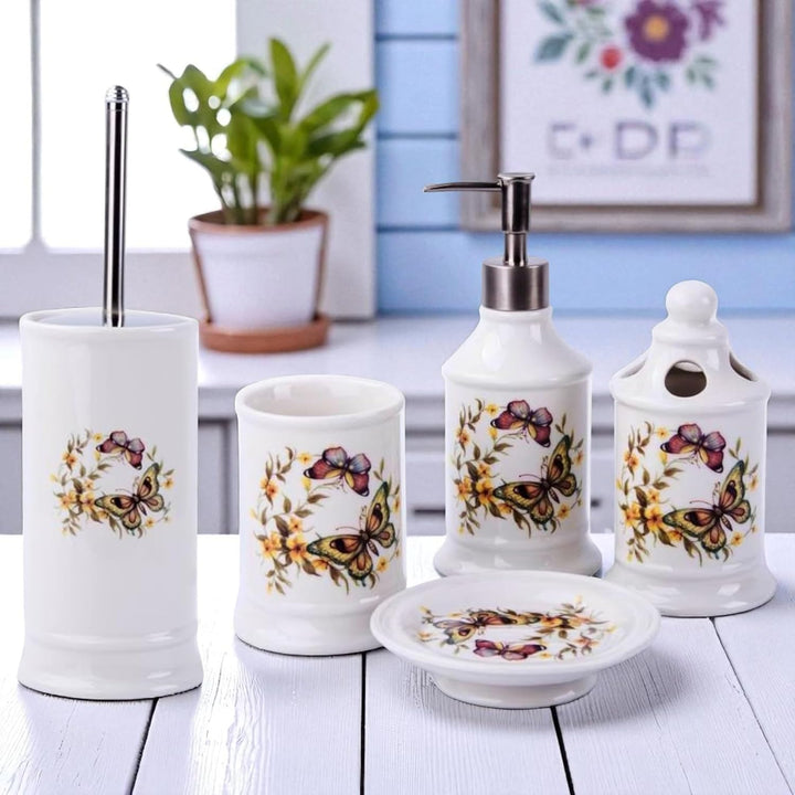 GMMH Landhaus Vintage BADSET Schmetterlinge Badezimmer ZUBEHÖR Set SEIFENSPENDER WC BÜRSTE Keramik (