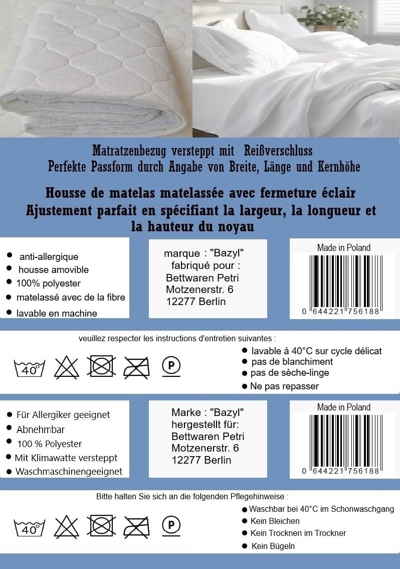 Matratzenbezug 80 x 200 cm. Matratzenschoner versteppt (weiss, 80 x 200 x 4 cm) Weiss 80 x 200 x 4 c