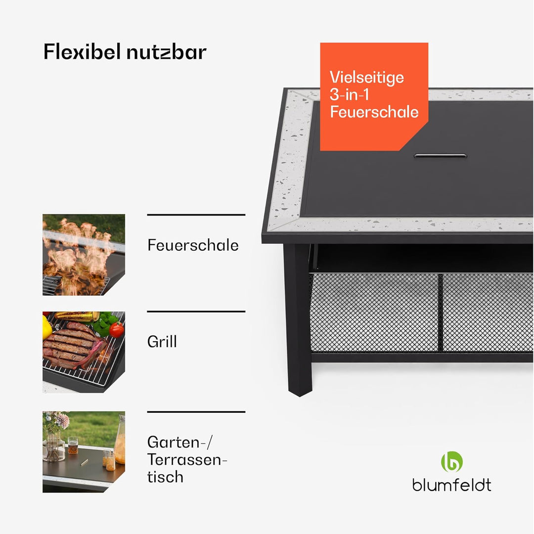 Blumfeldt Merano Avanzato Feuerschale - 3-in-1 Feuerschale Mit Grillrost & Tisch, Robuster Stahlrahm
