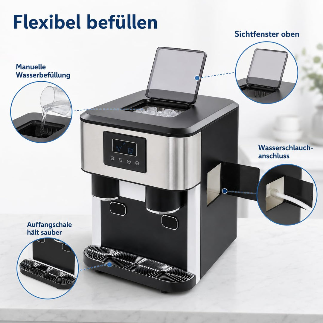 ‌3-in-1 Eismaschine mit Crushed Ice & Kaltwasser, 600g/16 Eiswürfel, 7-9 Min Schnellbereitung, LCD-D