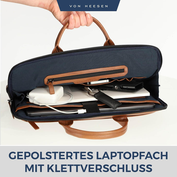 VON HEESEN Leder Aktentasche Laptoptasche bis 16 Zoll aus hochwertigem Nappa-Leder Cognac Braun (Gla