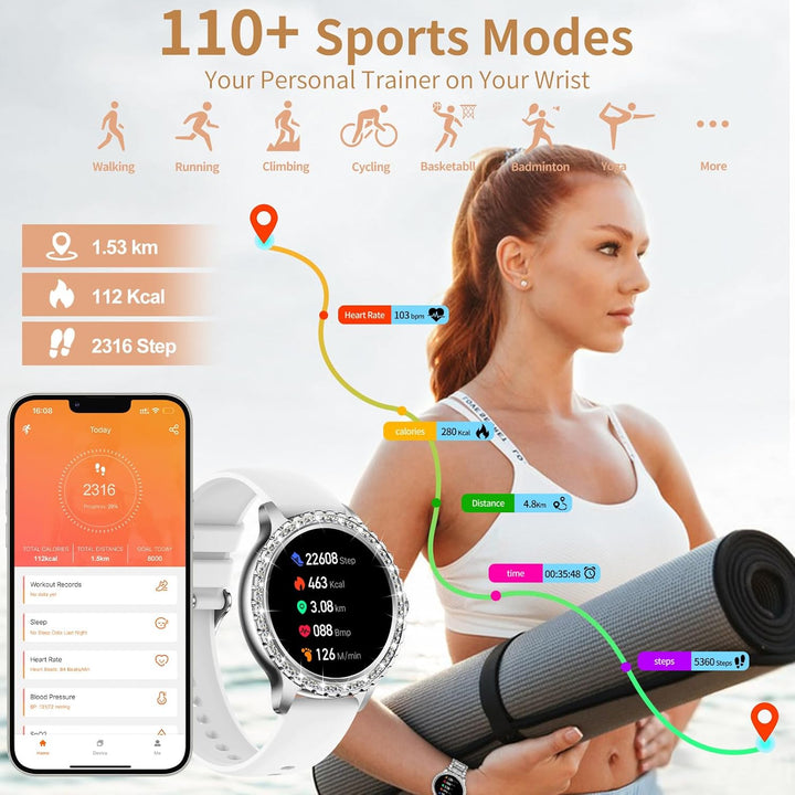Smartwatch Damen mit Telefonfunktion Diamond, 1.32" Damenuhr mit Anruffunktion ,Menstruationszyklus