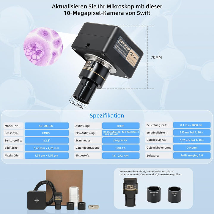 Swiftcam 10 Megapixel Kamera für Mikroskope, mit Reduzierobjektiv, Kalibrierungskit, Eyetube-Adapter