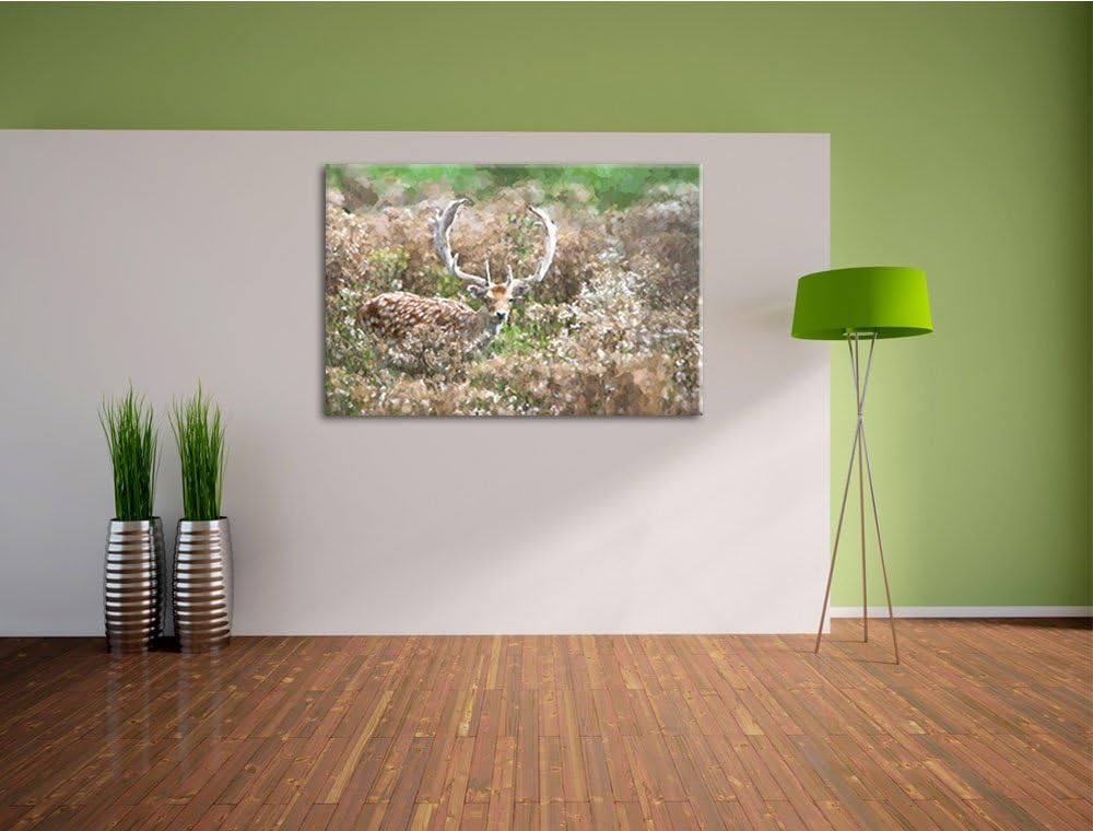 schön gemalter Rehbock in Wiese Format: 120x80 auf Leinwand, XXL riesige Bilder fertig gerahmt mit K