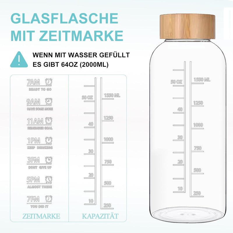 RNCKUUE 2 Liter Glasflasche, 2l Glas Trinkglasche, Wasserflasche Glas mit Neoprenhülle, Bambusdeckel