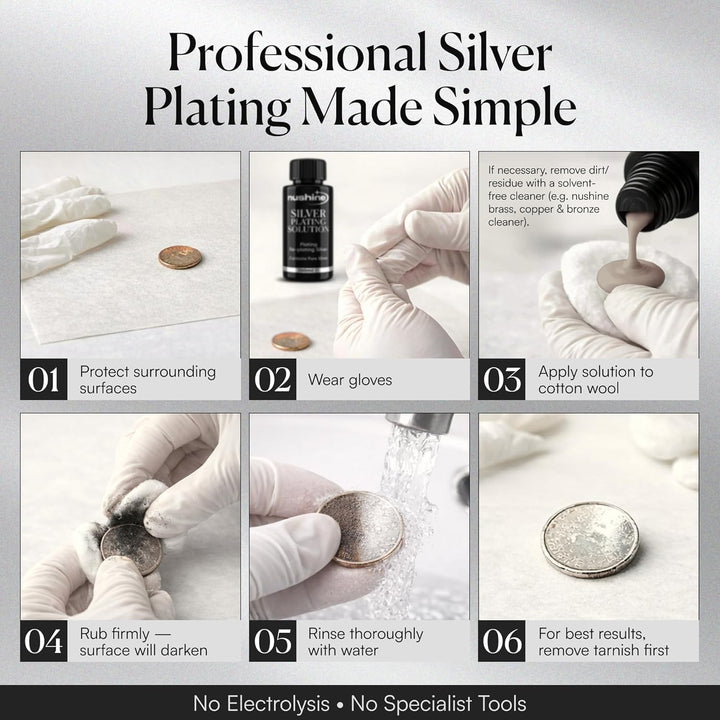 Nushine Versilberungslösung, 50 ml – dauerhaft reines Silber auf abgenutztes Silber, Messing, Kupfer