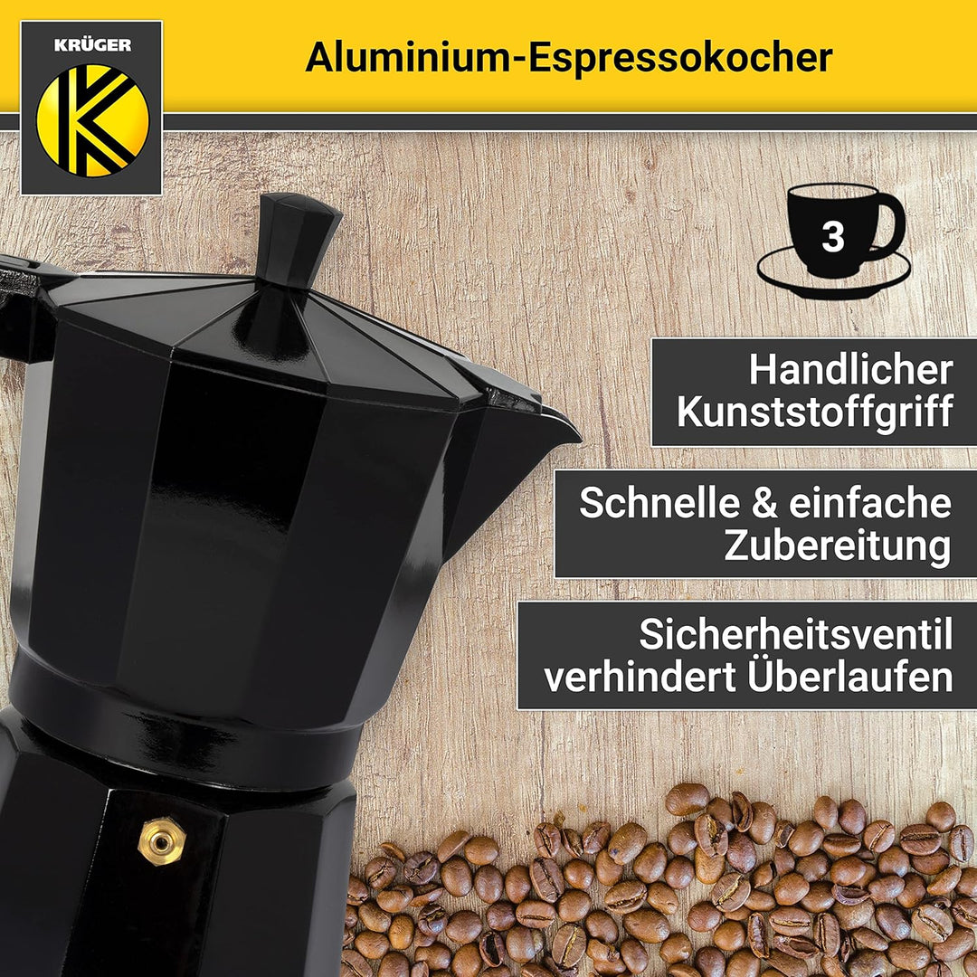 KRÜGER Aluminium-Espressokocher mit Silikon-Dichtring für 3 Tassen - schnelle und einfache Espresso-