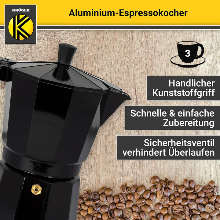 KRÜGER Aluminium-Espressokocher mit Silikon-Dichtring für 3 Tassen - schnelle und einfache Espresso-