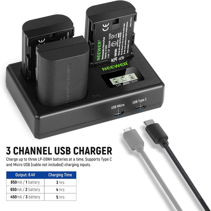 NEEWER LP-E6NH Ersatz Akku und USB Ladegerät Set, 3er Pack 2250mAh Ersatz für LP-E6NH Akku &amp; Triple
