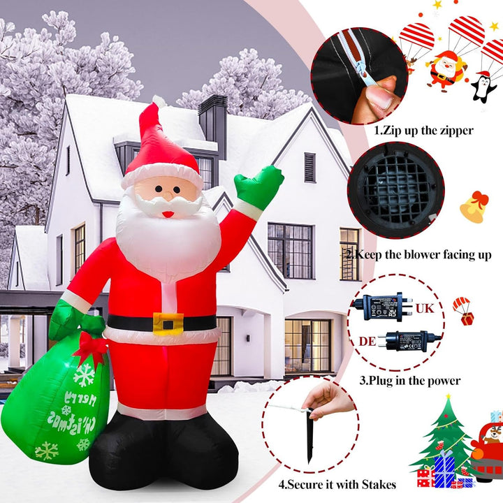 245cm Aufblasbar Weihnachtsmann mit LED Lichtern | 8 FT Aufblasbar Weihnachtsdeko IP44 Wasserdichter