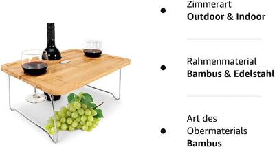 ECOBAM Couchbar [100% Bambus] Weintisch und Betttablett mit Getränkehalter | für Camping, Frühstück,