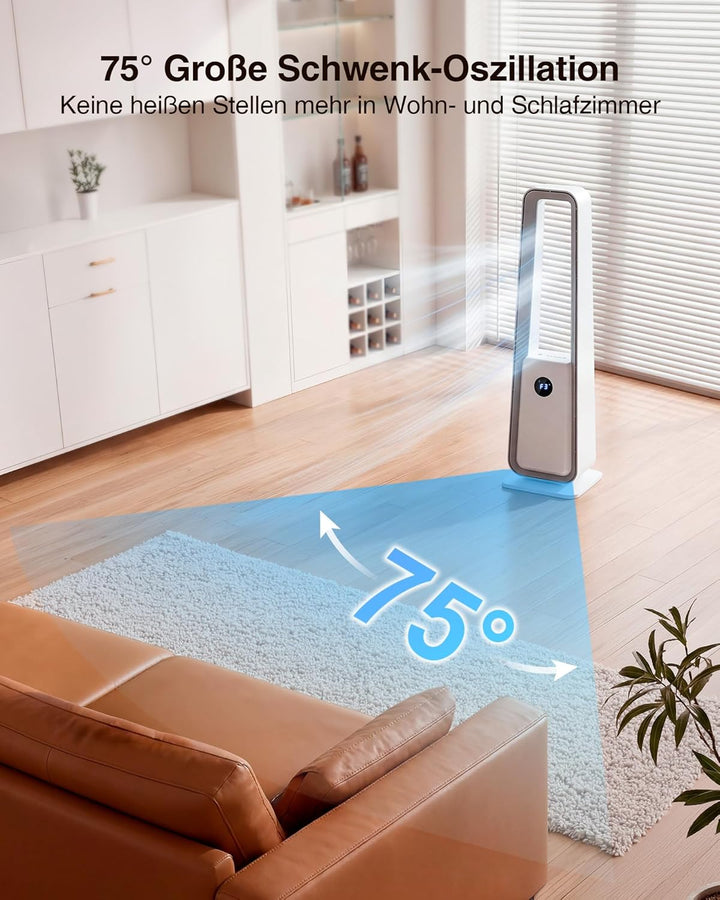 Leise Rotorloser Turmventilator mit Fernbedienung: 75° Oszillation Blattloser Ventilator 3 Modi & 12