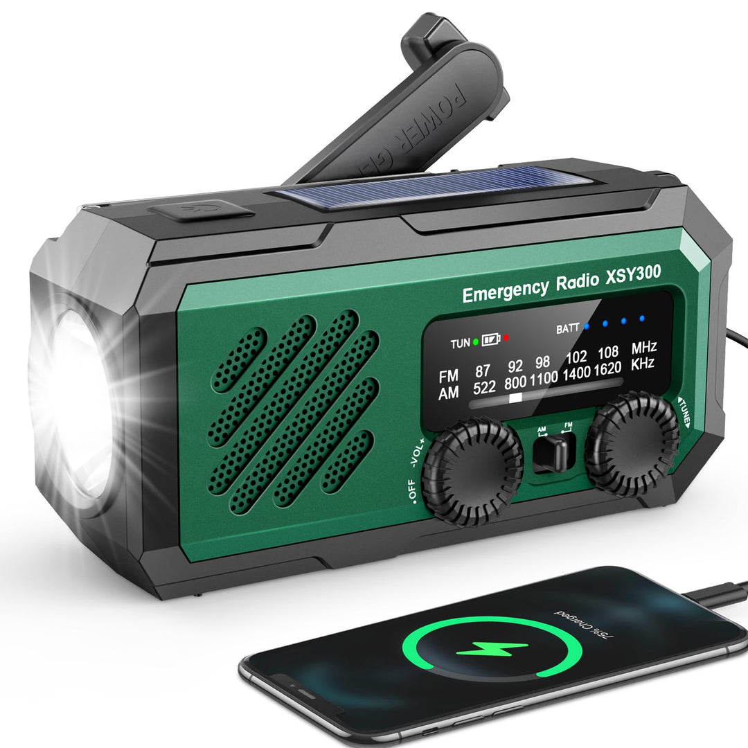 YIKANWEN Tragbares Notfall-Kurbelradio, 2000mAh Wiederaufladbare Batterie, AM/FM Radio mit LED-Tasch