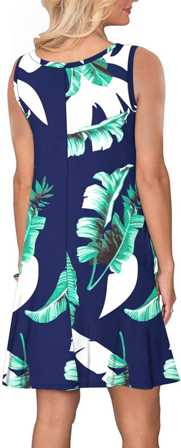 WNEEDU lässiges Sommerkleid Damen Ärmellose Tank Strandkleider T-Shirt Kleid mit Taschen Druck Blau