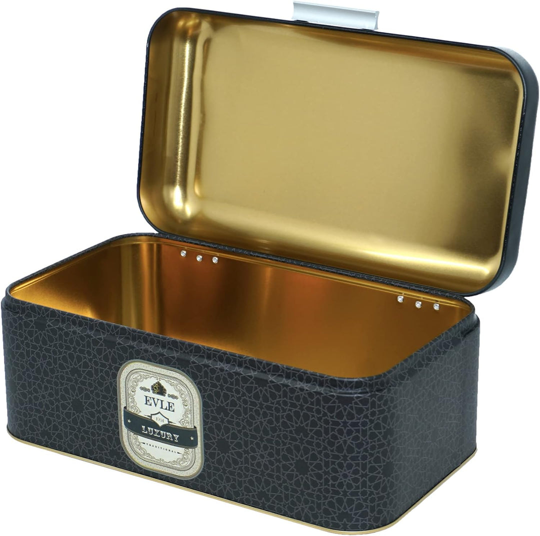 Lashuma Brot Aufbewahrung schwarz Luxus, Vintage Brotbox 36x21 cm, Brotkasten Blech mit Deckel, Luxu