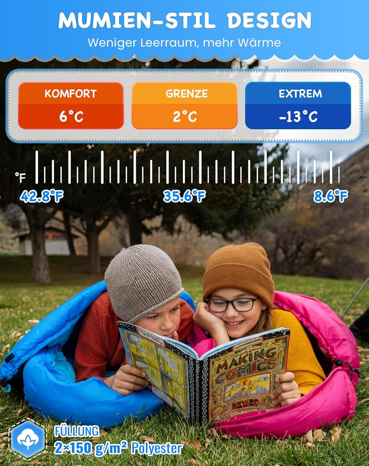 KingCamp Schlafsack Kinder aus Baumwoll-Flannel, warm und Bequeme Kinderschlafsack für 6-10 Jahre (b