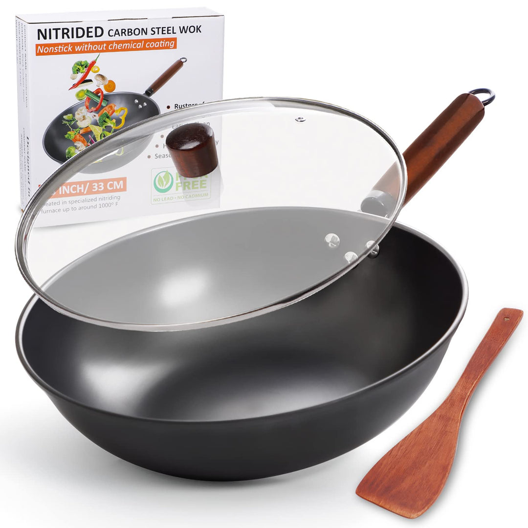 Wokpfanne mit Deckel, 33cm Wok Pfanne aus Karbonstahl zum Rühren und Braten mit Holzspatel, Wok aus