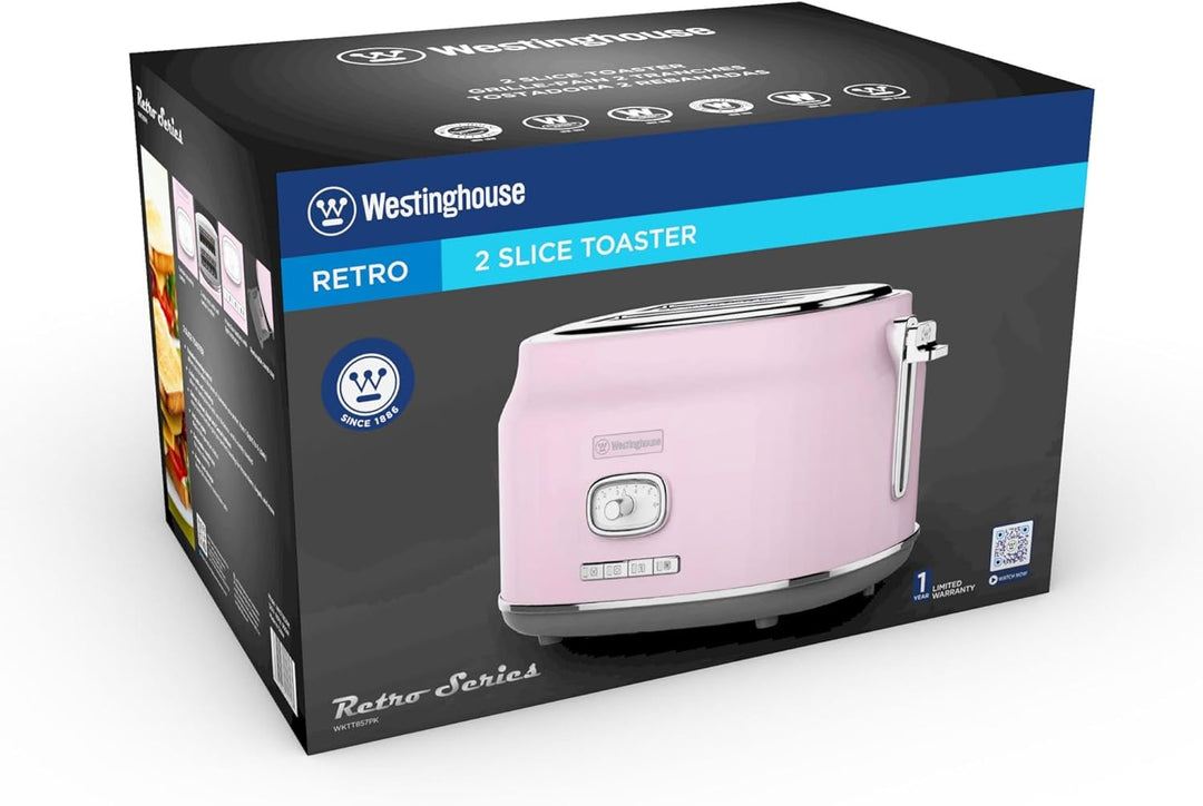 Westinghouse Retro Toaster 2 Scheiben, Abnehmbarer Brötchenaufsatz, 6 Bräunungsstufen, Brotzentrieru