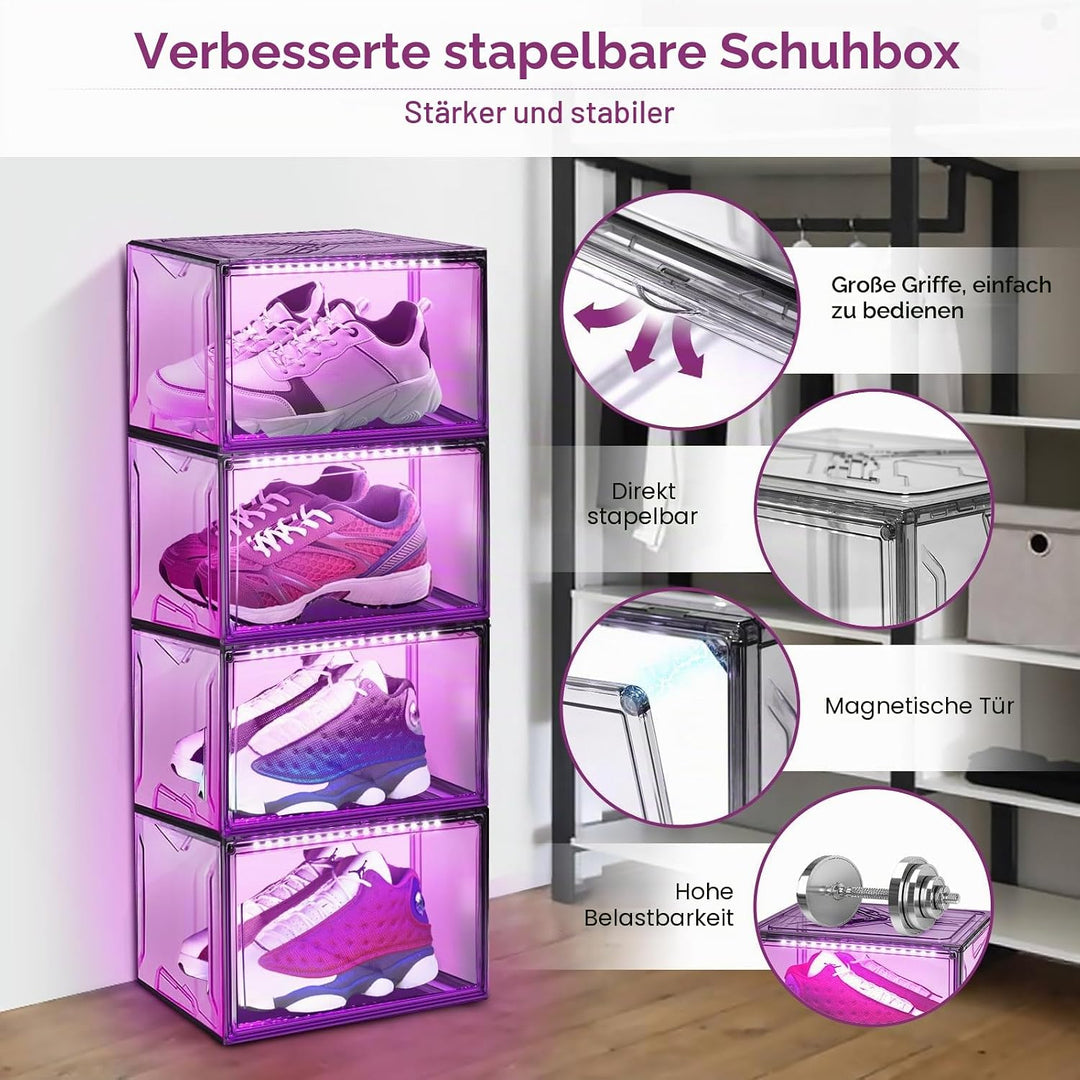 LED Schuhboxen Stapelbar, 2er Set, Schuh-Organizer aus Kunststoff, Schuhaufbewahrung Platzsparend, M