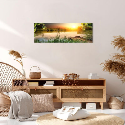 Panorama Bilder auf Leinwand Brücke See Leinwandbild mit Rahmen 90x30cm Wandbilder Dekoration Wohnzi