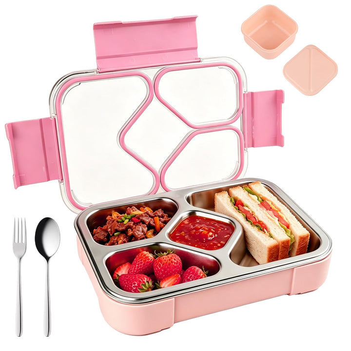 Edelstahl Brotdose Kinder,1020ml Metall Bento Lunchbox mit 4 Fächern Auslaufsichere Brotbox Kinderga