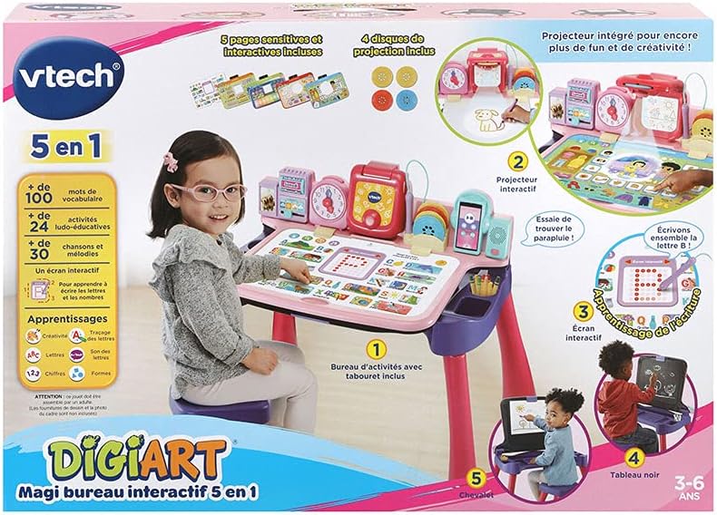 VTech - Magi Interaktiver Schreibtisch 5 in 1, Rosa, Kinderschreibtisch mit Hocker, beleuchtetem Dis