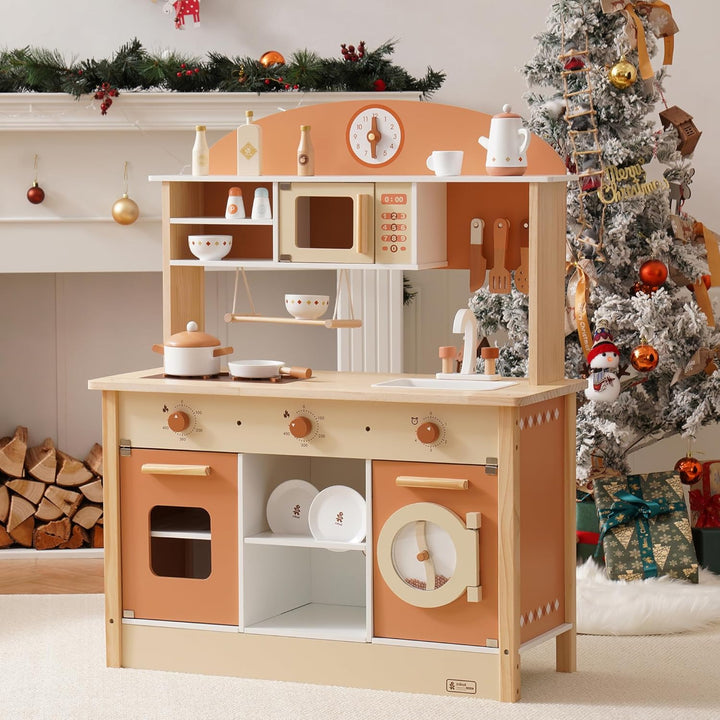 ROBUD Puppenküche aus Holz,Küche Spielset, Kleinkind Küche Set für Alter 3+ Karamellfarbe, Karamellf