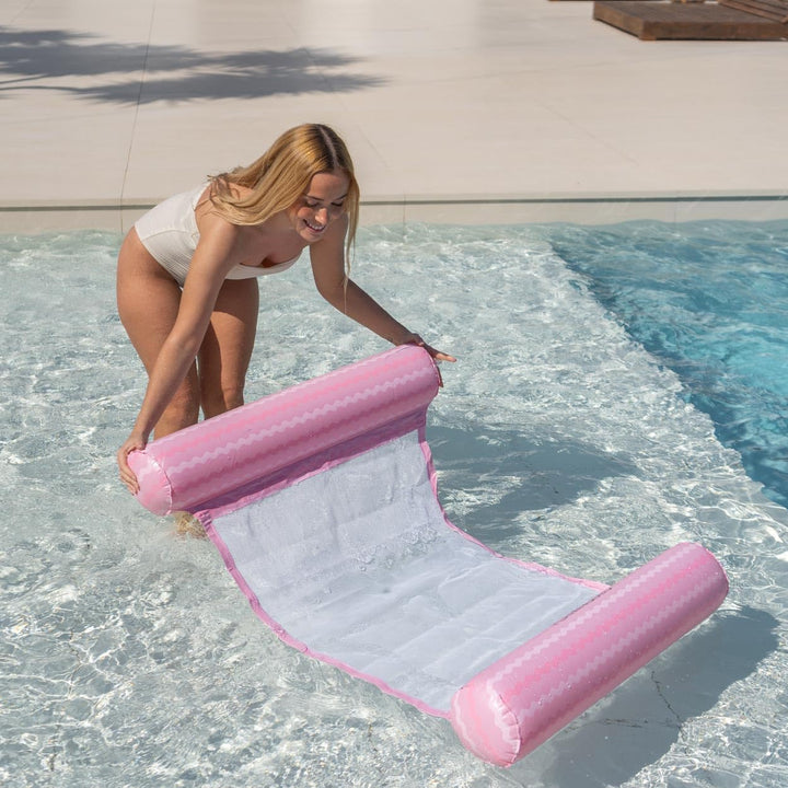 Flamingueo Luftmatratze Pool - Wasserhängematte - Nylon-Gitter - Widerstandsfähiges PVC Rosa und Wei