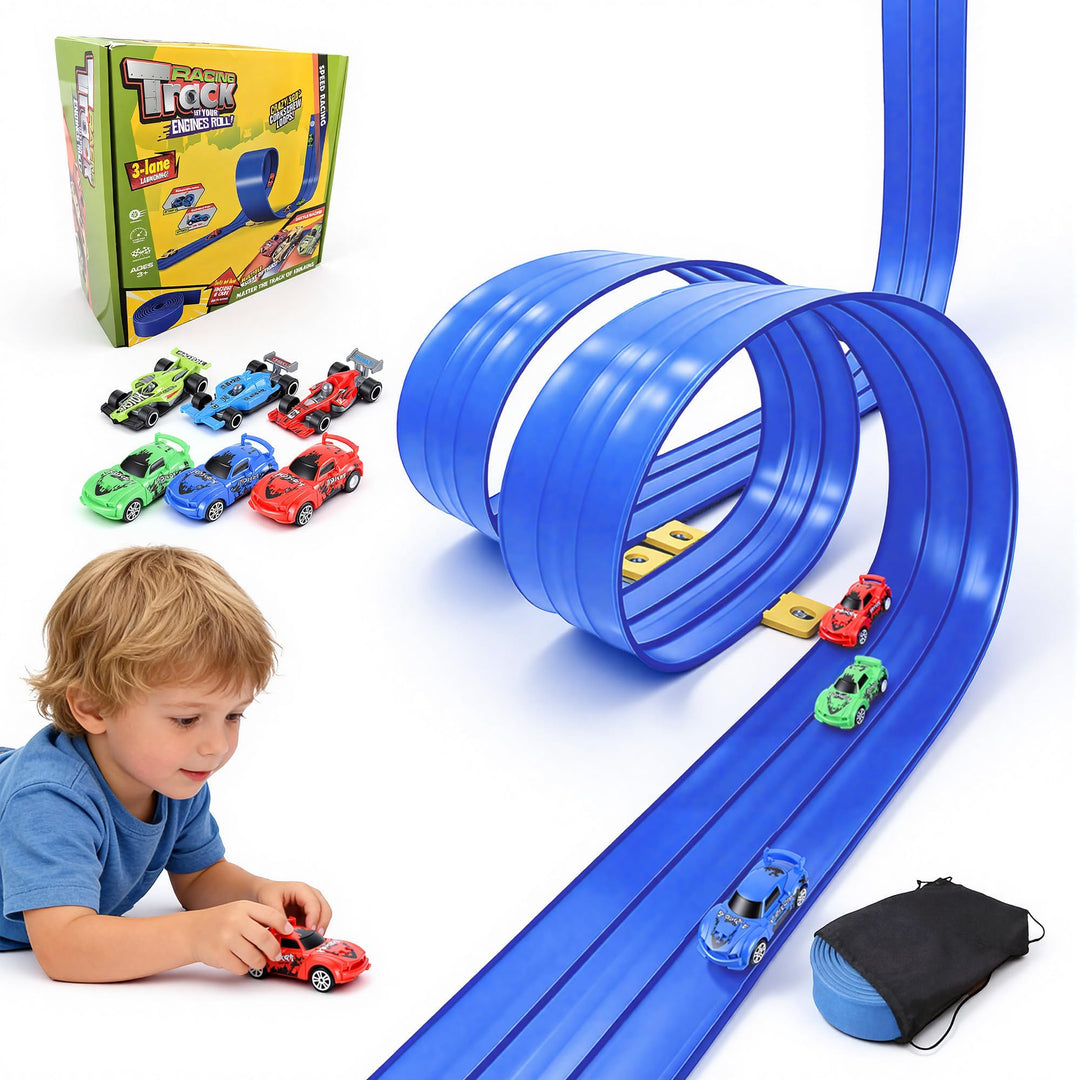Dreispurige Flexible Rennbahn für Kinder – 5 m Lange Saugnapf-Schwerkraftrampe für 1:64-Modellautos,