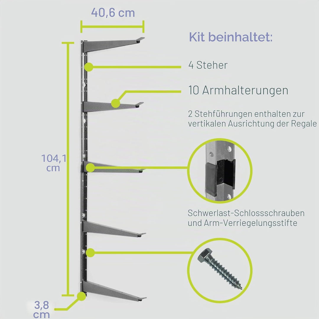 Delta Schwerlastregal – Wandmontiertes Holzregal für Garage, Schuppen, Keller – verstellbare Arme fü