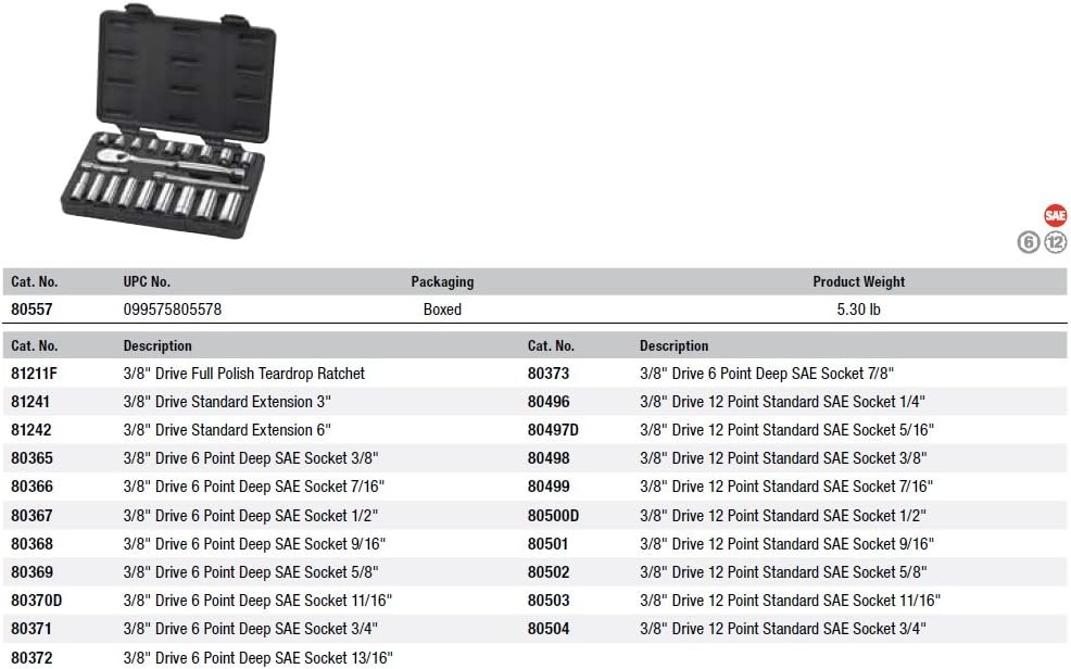 GearWrench Mechaniker-Werkzeug-Set, SAE – 80557, 3/8-Zoll-Antrieb, 6 & 12 Pt. Standard & Tiefe, 21-t