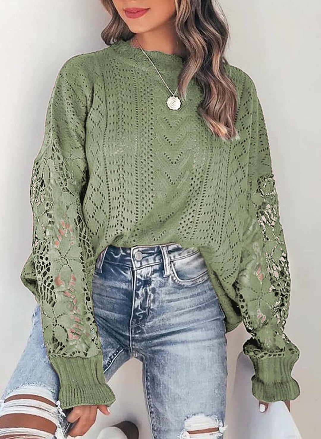 Maavoki Pullover Damen Spitze Strickpullover Lässige Rundhals Lace Langarm Häkelpullover Elegantes E