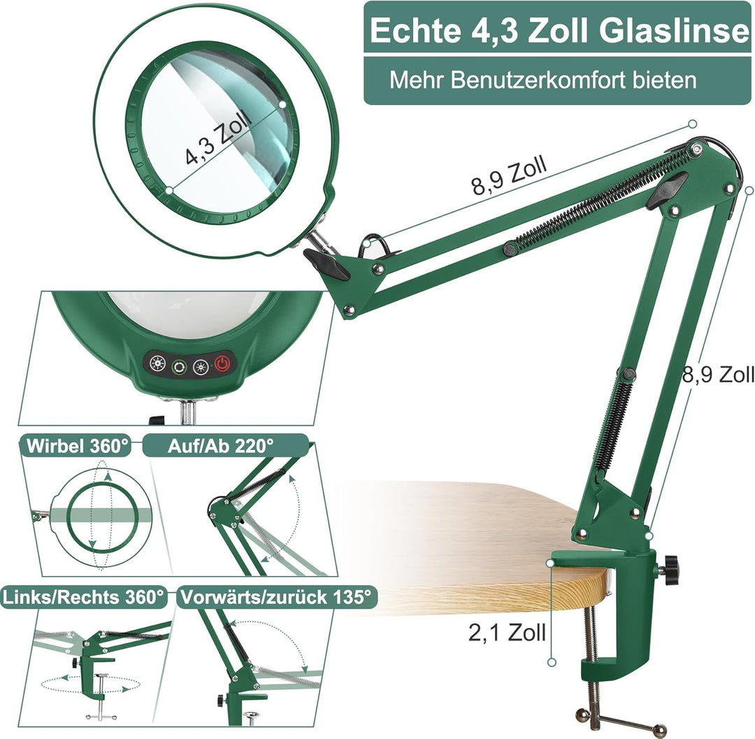 Veemagni 10X Echtes Glas Lupe mit Licht, 5 Farbmodi Stufenlos Dimmbar, Verstellbarer Schwenkarm LED