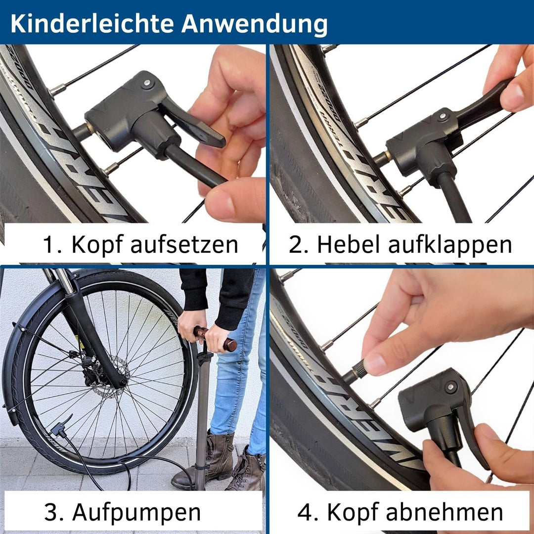 HiLo sports Fahrrad Standpumpe bis 11 bar - [Passt für alle Ventile] - Standluftpumpe mit Holz Griff