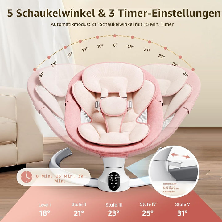 Babywippe Elektrisc mit Fernbedienung & Bluetooth,Elektrische Babywippe mit 5 Schaukelstufen, Elektr