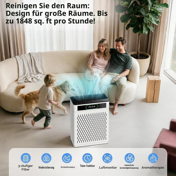 AIRTOK Luftreiniger, Luftreiniger Allergiker Für Räume bis zu 170m², mit Waschbarer Filter, PM 2.5 L