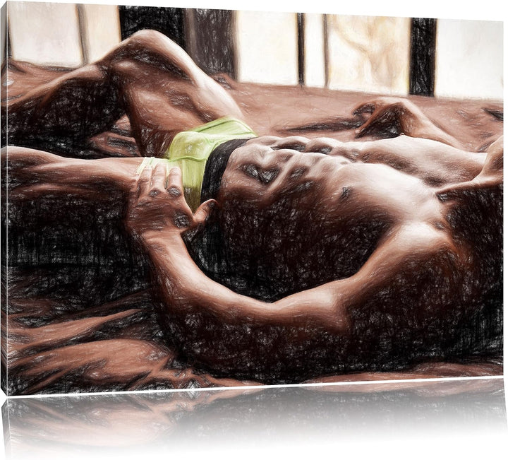 Pixxprint Muskulöser Mann im Bett als Leinwandbild/Grösse: 100x70 / Wandbild/Kunstdruck/fertig bespa