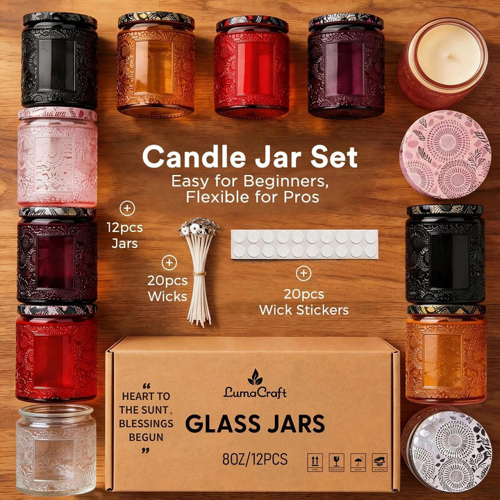 LumaCraft Candle Luxus Relief Kerzengläser zum Kerzen giessen- 12er Pack Leere Glasgefässe mit Luftd
