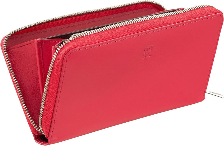DUDU Grosse Bunte Damenbrieftasche RFID in echtem Leder mit Rundum - Reissverschluss Himbeere, Himbe