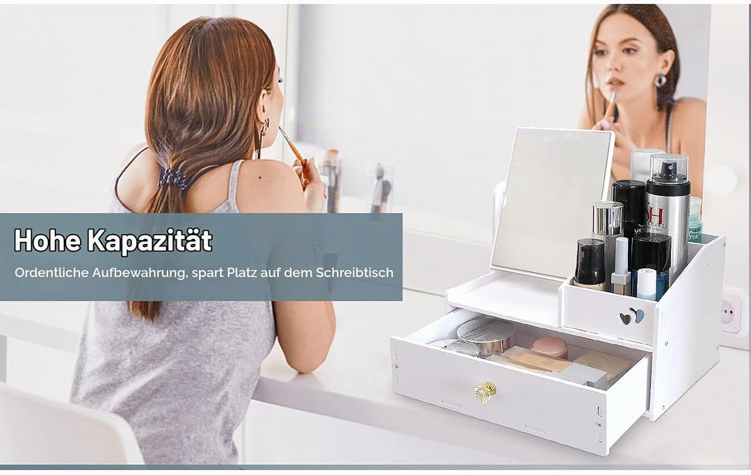 LEcylankEr Cosmetic Organizer, Schminktisch Organizer mit Spiegel, White Desktop Kosmetik Organizer,