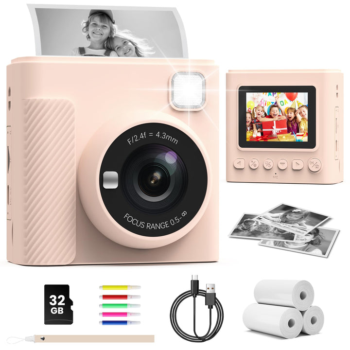 Kinderkamera Sofortbildkamera, 2,4 Zoll Sofortbildkamera Kinder mit 32G Karte und Fotopapier Drucken