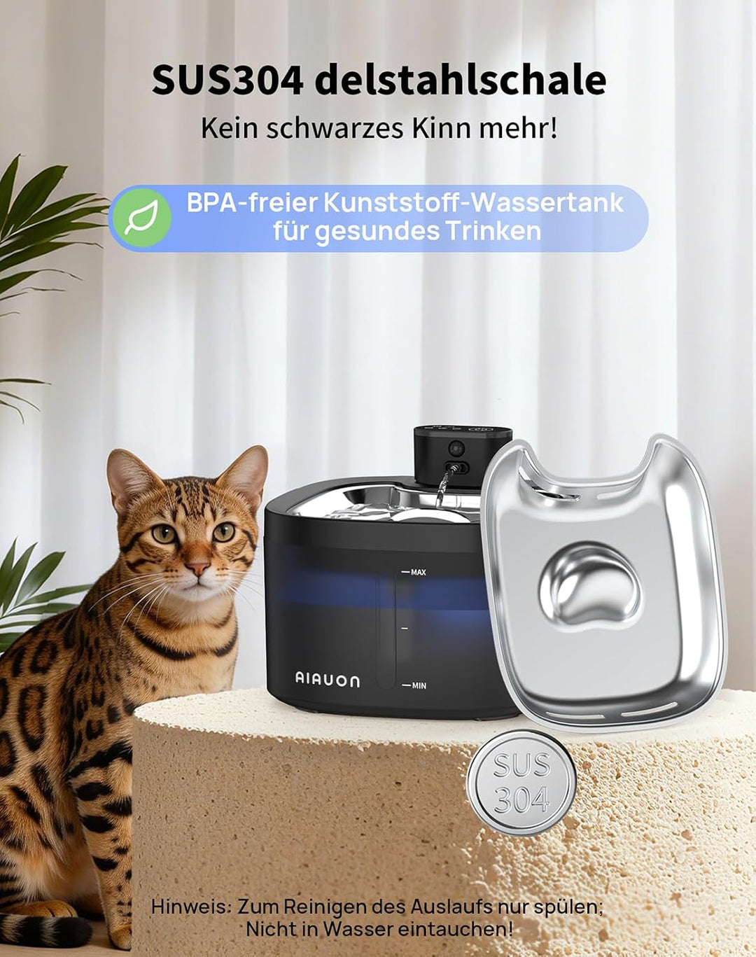 Katzenbrunnen kabellos 118oz/3,5L Drahtlos &amp; Ultra-leise mit Sensor- und Zeitmodus,Edelstahlpalette,